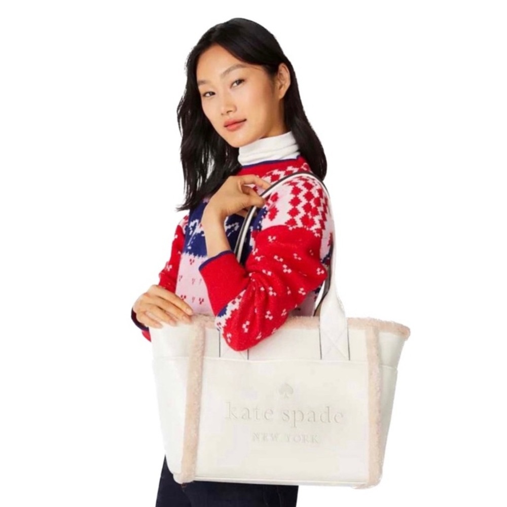 NWT kate spade Jett Faux Shearling Patent Leather Large Tote, Meringue White - Picture 3 of 15